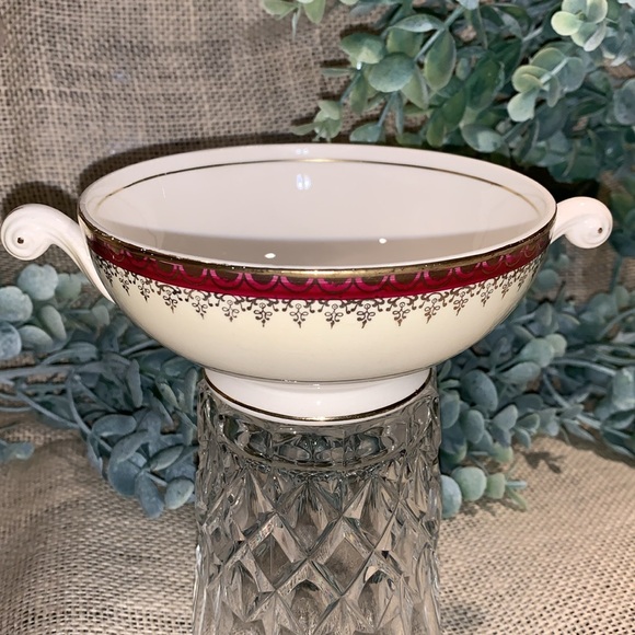 Footed Cream Soup Bowl Eggshell Nautilus, Maroon Band W/Gold by Homer Laughlin - Picture 6 of 10